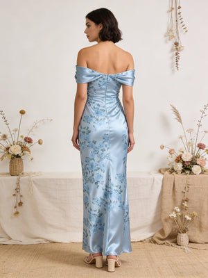 Satin Off Shoulder Mermaid Bridesmaid Dresses Maxi Wedding Guest Gowns with Floral