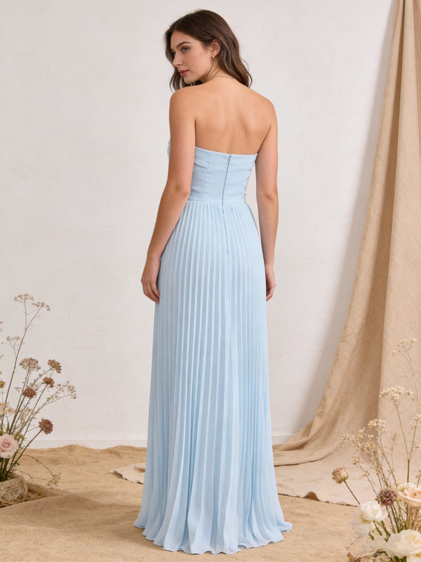 Chiffon Pleated Strapless A Line Maxi Bridesmaid Dresses