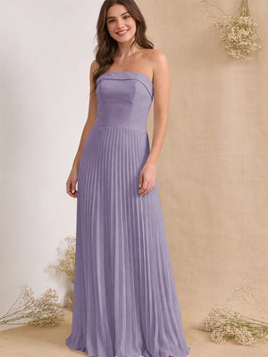 Chiffon Pleated Strapless A Line Maxi Bridesmaid Dresses