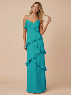 V Neck Spaghetti Straps Ruffles Chiffon Sheath Bridesmaid Dresses