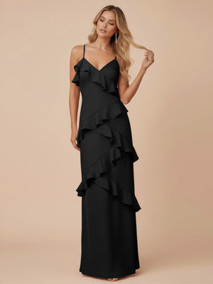 V Neck Spaghetti Straps Ruffles Chiffon Sheath Bridesmaid Dresses
