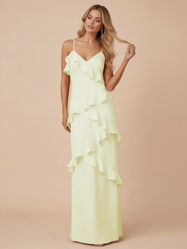 V Neck Spaghetti Straps Ruffles Chiffon Sheath Bridesmaid Dresses