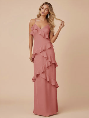 V Neck Spaghetti Straps Ruffles Chiffon Sheath Bridesmaid Dresses