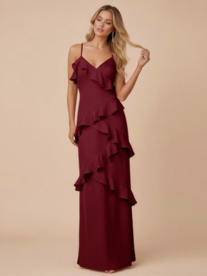 V Neck Spaghetti Straps Ruffles Chiffon Sheath Bridesmaid Dresses