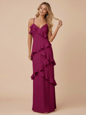 V Neck Spaghetti Straps Ruffles Chiffon Sheath Bridesmaid Dresses