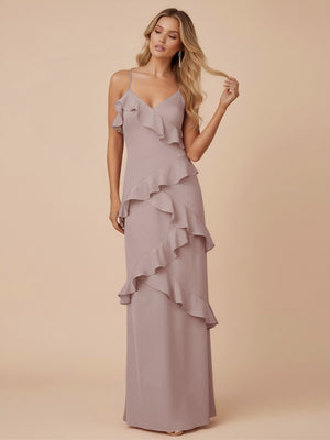V Neck Spaghetti Straps Ruffles Chiffon Sheath Bridesmaid Dresses