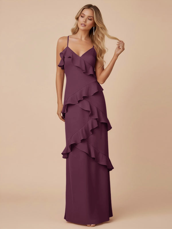 V Neck Spaghetti Straps Ruffles Chiffon Sheath Bridesmaid Dresses