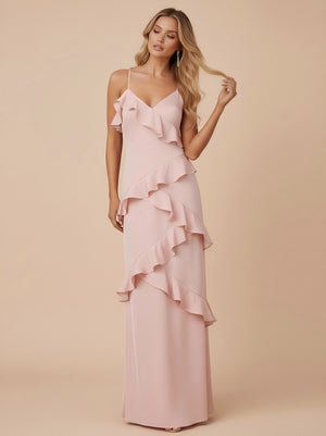 V Neck Spaghetti Straps Ruffles Chiffon Sheath Bridesmaid Dresses