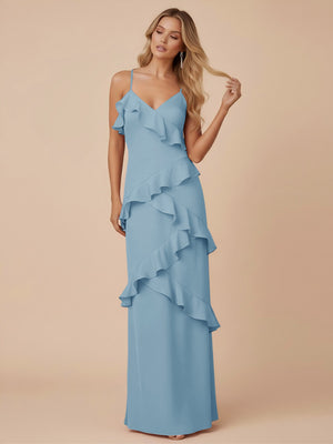 V Neck Spaghetti Straps Ruffles Chiffon Sheath Bridesmaid Dresses