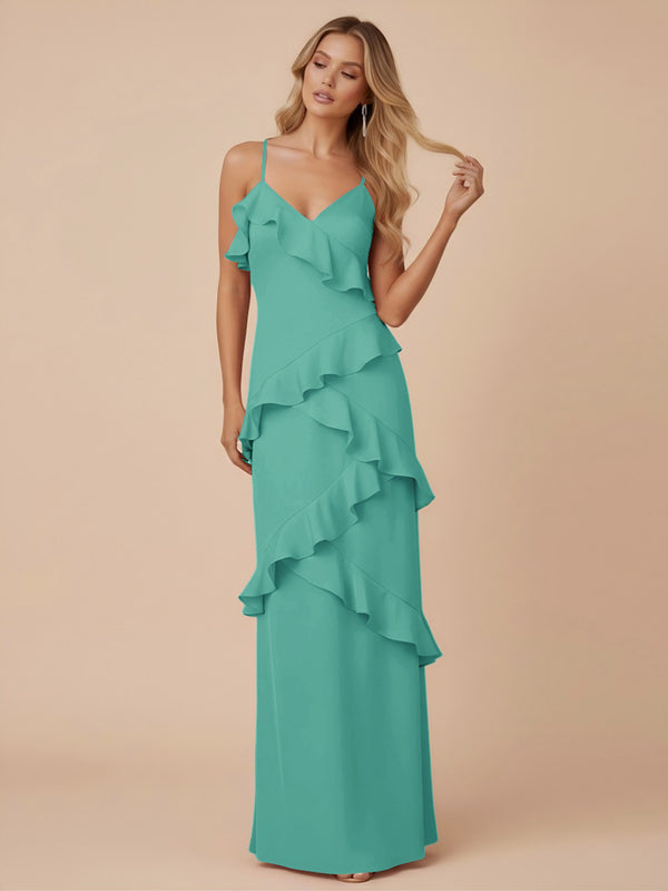 V Neck Spaghetti Straps Ruffles Chiffon Sheath Bridesmaid Dresses