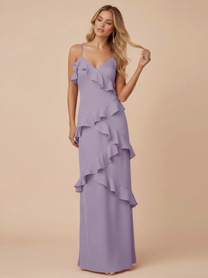 V Neck Spaghetti Straps Ruffles Chiffon Sheath Bridesmaid Dresses