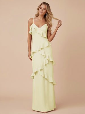 V Neck Spaghetti Straps Ruffles Chiffon Sheath Bridesmaid Dresses