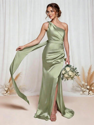 Satin One Shoulder Mermaid Bridesmaid Dresses with Slit