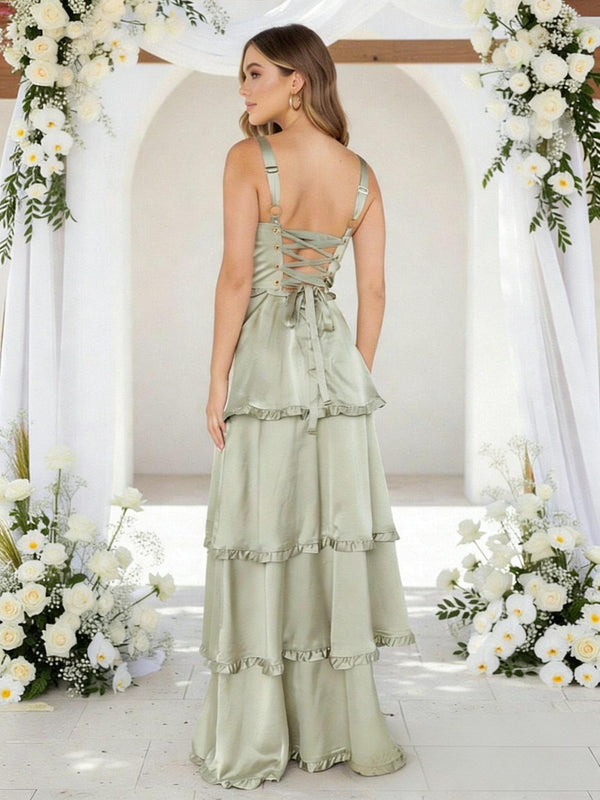 Satin A Line Spaghetti Straps Long Bridesmaid Dresses