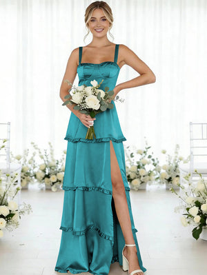 Satin A Line Spaghetti Straps Long Bridesmaid Dresses