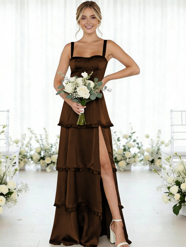 Satin A Line Spaghetti Straps Long Bridesmaid Dresses