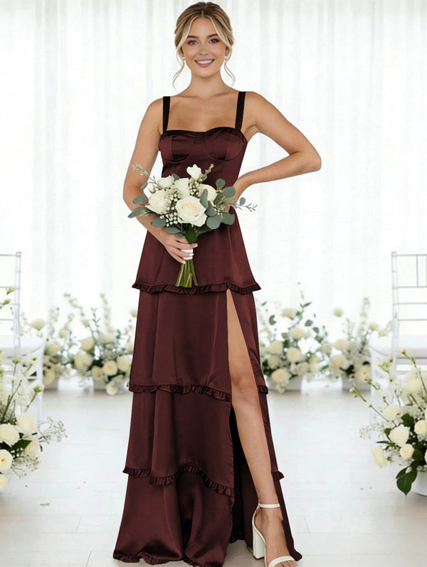 Satin A Line Spaghetti Straps Long Bridesmaid Dresses