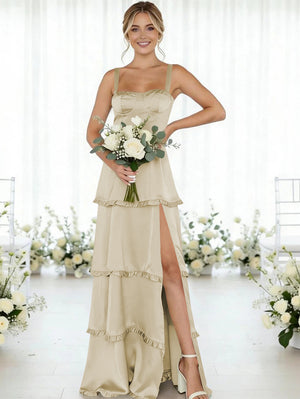 Satin A Line Spaghetti Straps Long Bridesmaid Dresses