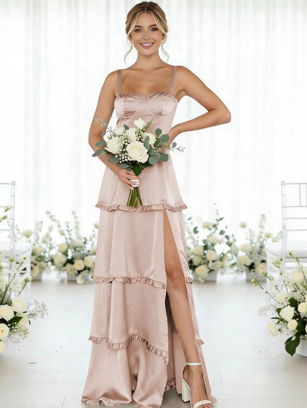 Satin A Line Spaghetti Straps Long Bridesmaid Dresses