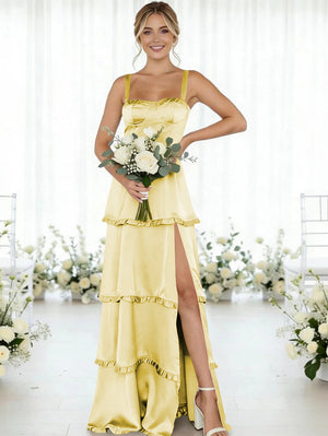 Satin A Line Spaghetti Straps Long Bridesmaid Dresses