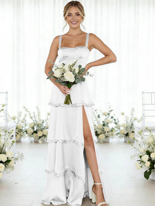 Satin A Line Spaghetti Straps Long Bridesmaid Dresses