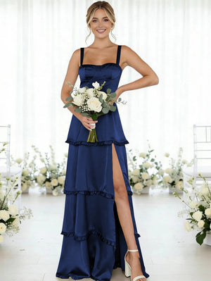 Satin A Line Spaghetti Straps Long Bridesmaid Dresses