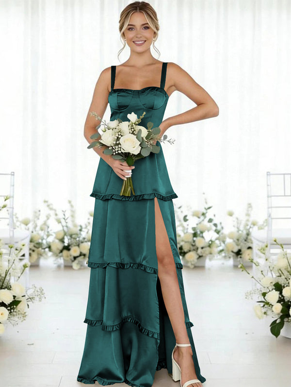 Satin A Line Spaghetti Straps Long Bridesmaid Dresses