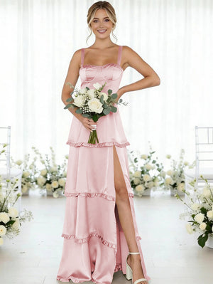 Satin A Line Spaghetti Straps Long Bridesmaid Dresses