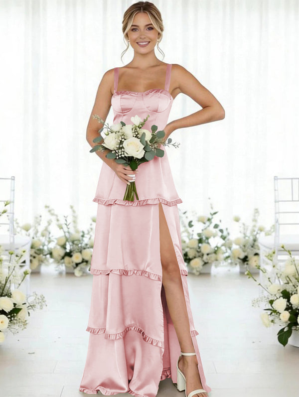 Satin A Line Spaghetti Straps Long Bridesmaid Dresses