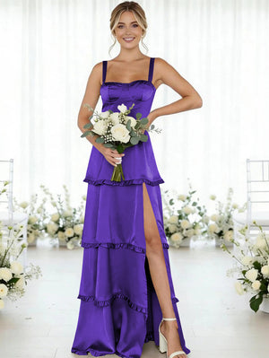 Satin A Line Spaghetti Straps Long Bridesmaid Dresses