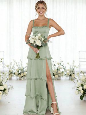 Satin A Line Spaghetti Straps Long Bridesmaid Dresses