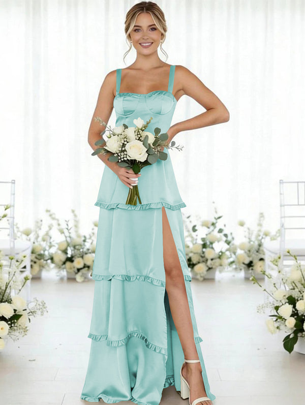 Satin A Line Spaghetti Straps Long Bridesmaid Dresses