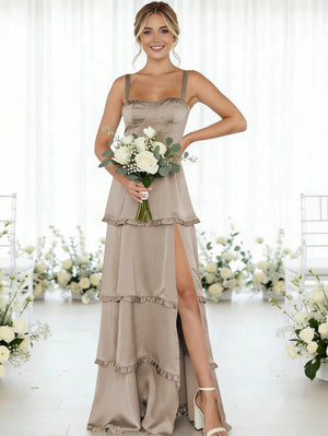 Satin A Line Spaghetti Straps Long Bridesmaid Dresses