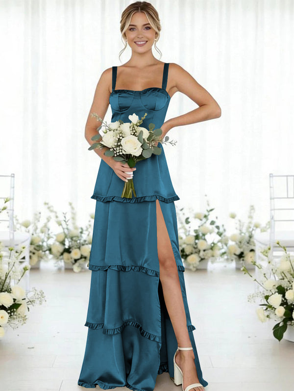 Satin A Line Spaghetti Straps Long Bridesmaid Dresses