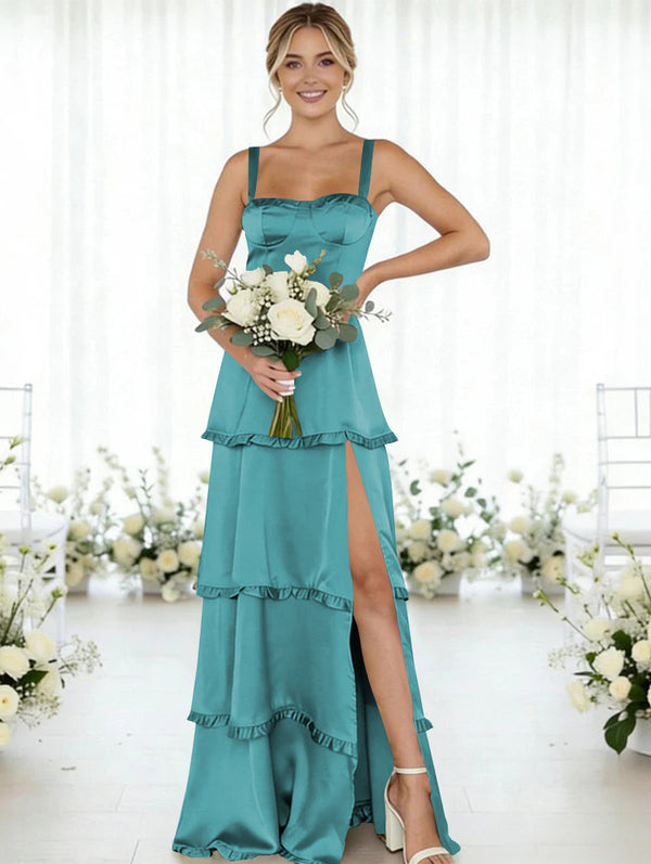 Satin A Line Spaghetti Straps Long Bridesmaid Dresses
