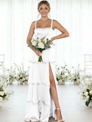 Satin A Line Spaghetti Straps Long Bridesmaid Dresses