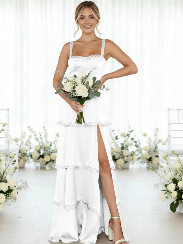 Satin A Line Spaghetti Straps Long Bridesmaid Dresses