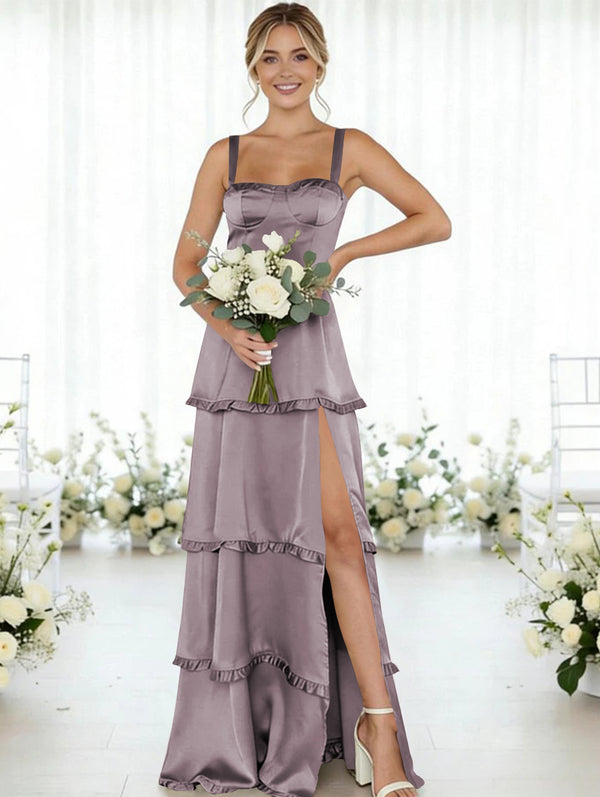 Satin A Line Spaghetti Straps Long Bridesmaid Dresses