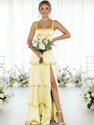 Satin A Line Spaghetti Straps Long Bridesmaid Dresses