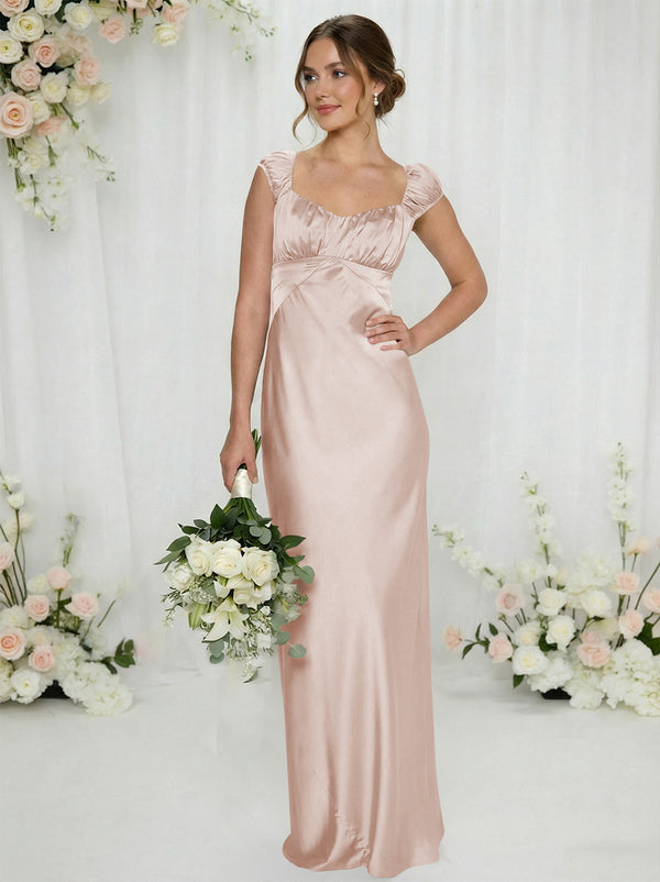Satin Simple Spaghetti Straps Long Bridesmaid Dresses