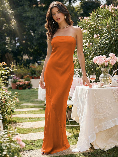 Satin Simple Strapless Long Bridesmaid Dresses