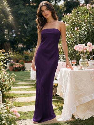 Satin Simple Strapless Long Bridesmaid Dresses