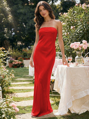 Satin Simple Strapless Long Bridesmaid Dresses
