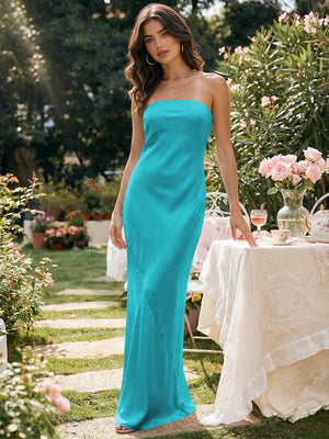 Satin Simple Strapless Long Bridesmaid Dresses
