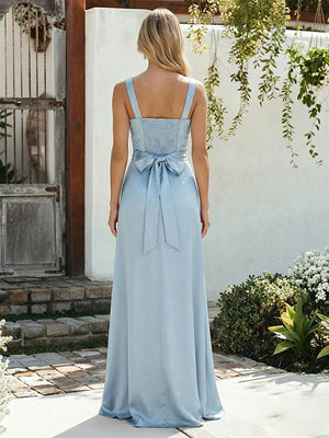 Satin A Line Square Neck Long Bridesmaid Dresses