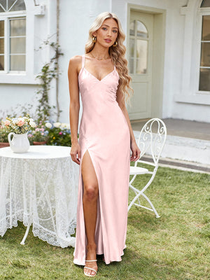 Satin A Line V Neck Long Bridesmaid Dresses Backless