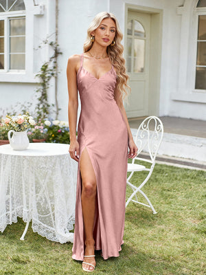 Satin A Line V Neck Long Bridesmaid Dresses Backless