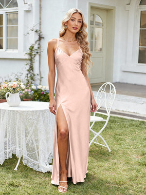 Satin A Line V Neck Long Bridesmaid Dresses Backless