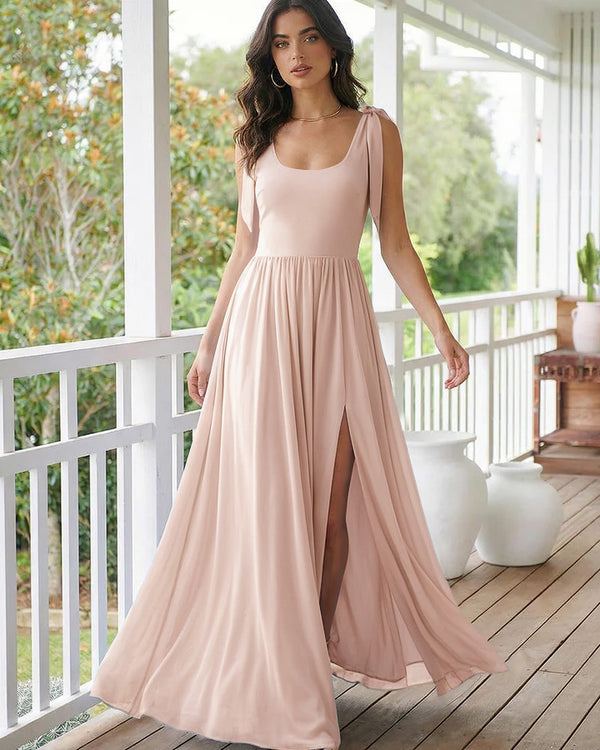 Chiffon A Line Square Neck Long Bridesmaid Dresses
