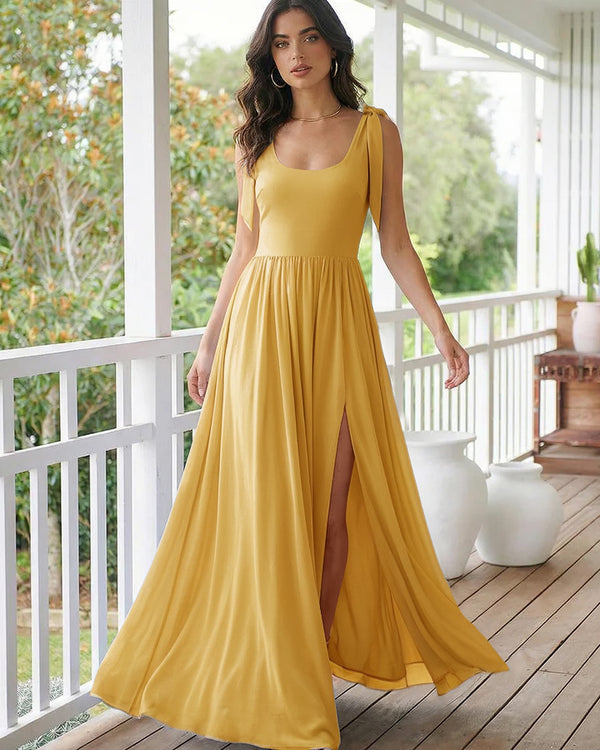 Chiffon A Line Square Neck Long Bridesmaid Dresses